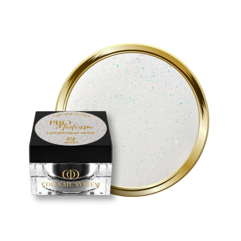 Pot et pastille du gel Pro Medium Glitter Milky White, blanc laiteux flakes aurora