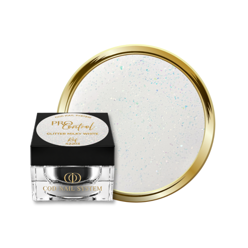 Pot et pastille du gel Pro Control Glitter Milky White, blanc laiteux flakes aurora