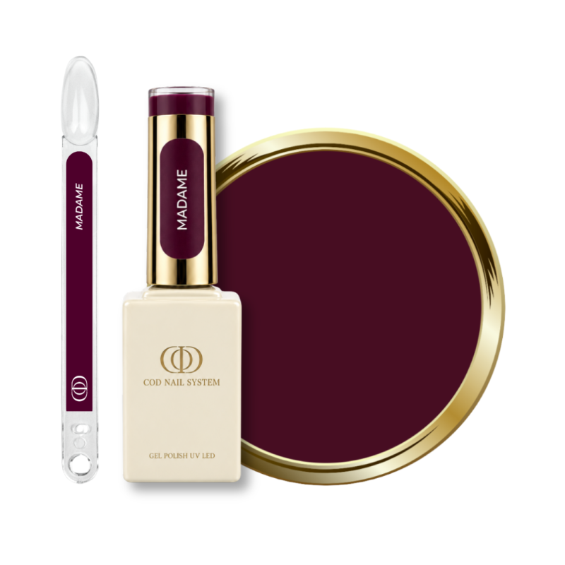 Flacon, tips et pastille du vernis semi permanent Madame, bordeaux violine foncé