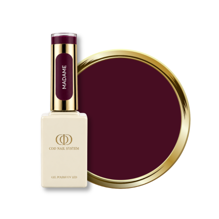 Flacon et pastille du vernis semi permanent Madame, bordeaux violine foncé