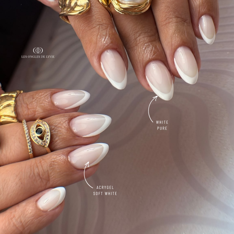 Pose d'ongles en amandes avec l'Acrygel Soft White, blanc laiteux souple et stable