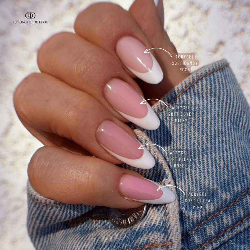 Pose d'ongles en amandes avec l'Acrygel Soft Milky Rose, rose laiteux souple et stable