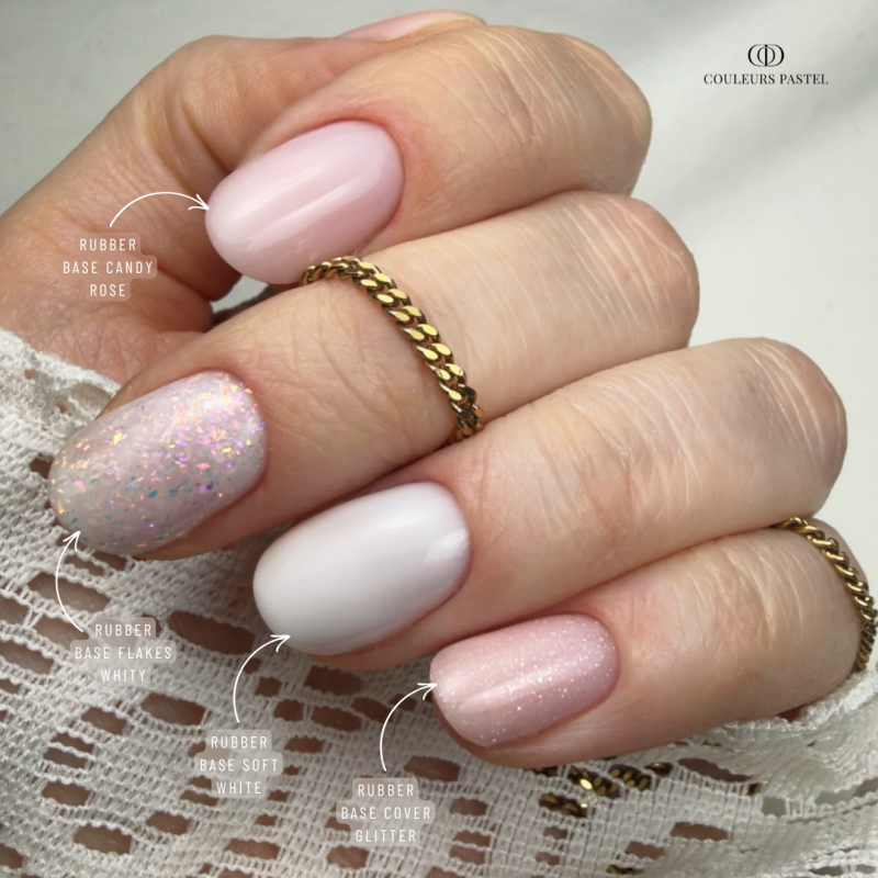 Pose d'ongles ovale renfo avec la Rubber Base Cover Glitter, cover beige rosé micro pailleté argenté fluide et non collante