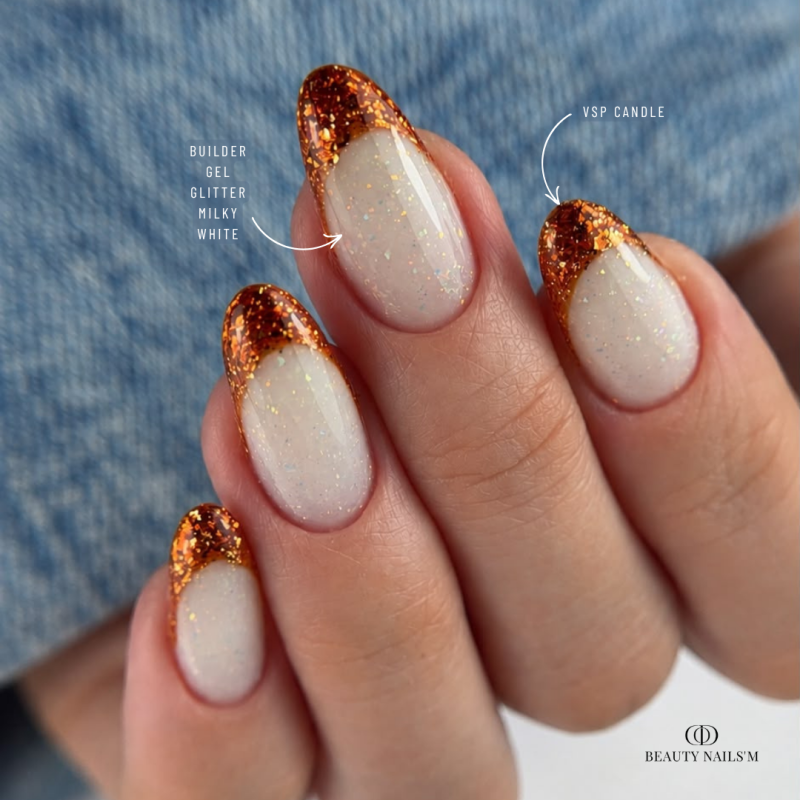 Pose d'ongles en amandes avec le Builder Gel Glitter Milky White, blanc laiteux flakes aurora auto égalisant sans limage