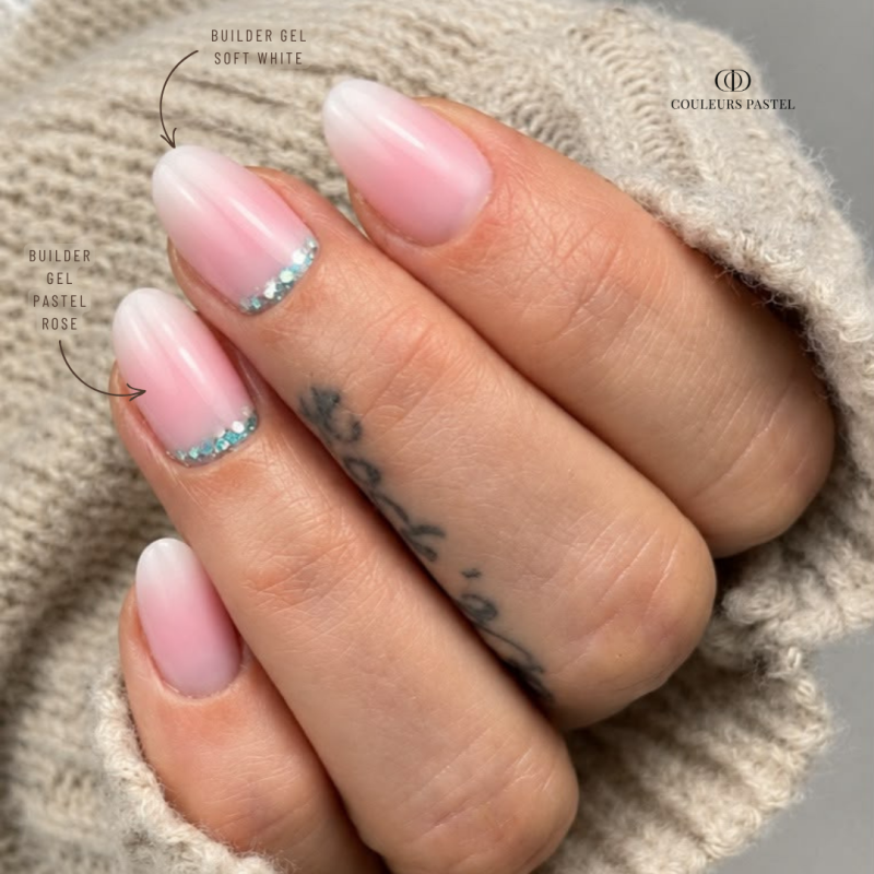 Pose d'ongles ovales avec le Builder Gel Pastel Rose, rose pastel auto égalisant sans limage