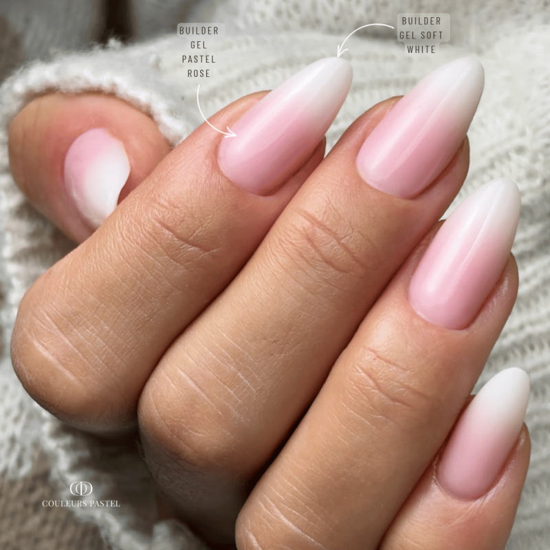 Pose d'ongles en amandes avec le Builder Gel Soft White, blanc laiteux auto égalisant sans limage
