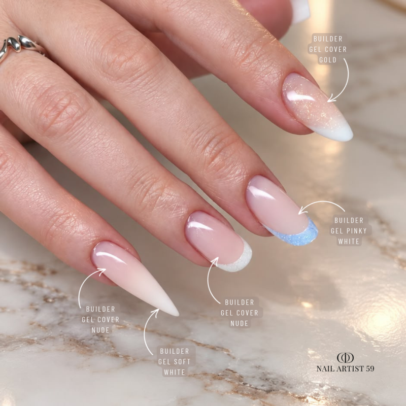 Pose d'ongles en amandes avec le Builder Gel Cover Gold, nude pêche micro pailleté doré auto égalisant sans limage