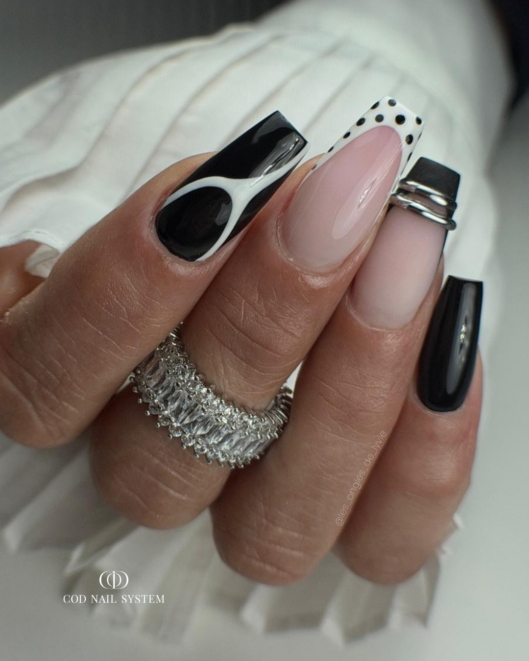 Pose d'ongles coffin noirs et blancs avec french et bagues 3D Pose d'ongles coffin noirs et blancs avec french, polka dots et bagues argentées en 3D