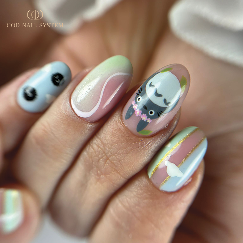 Nail art totoro avec rubber pastel 