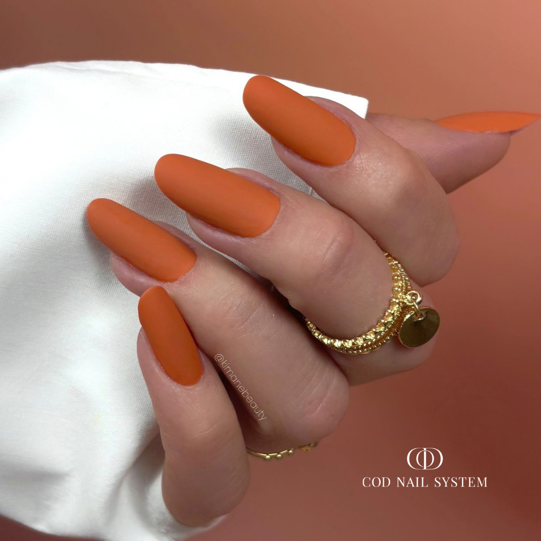 Pose d'ongles en amandes orange brique avec finition matt velours