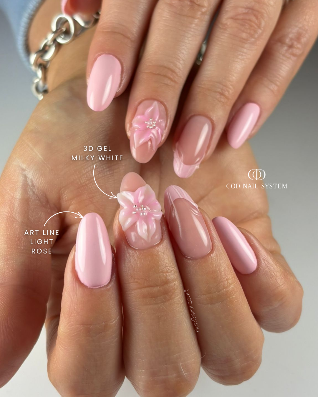 Ongles rose fleur 3D Pose d'ongles en amandes rose pastel avec fleur 3D
