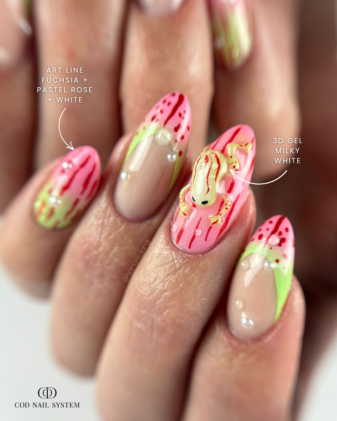 Ongles vert et rose avec grenouille 3D Pose d'ongles en amandes roses et verts avec nail art 3D grenouille et fleursa
