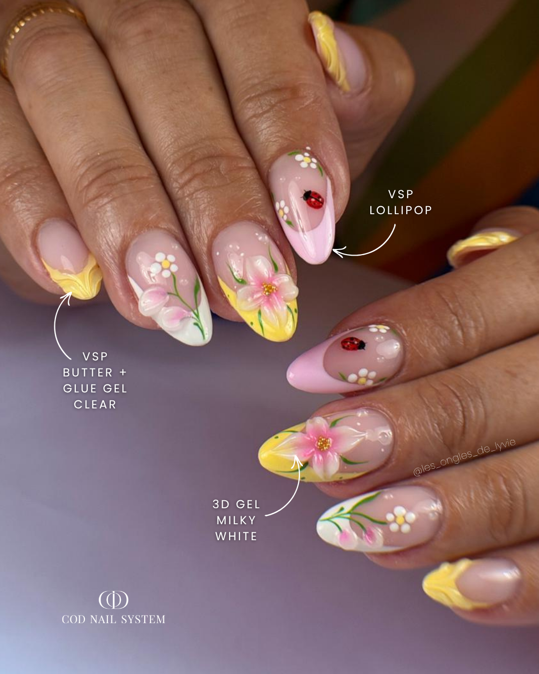 Ongles pastel fleuris 3D Pose d'ongles en amandes avec french pastels et nail art 3D fleurs et coccinelle