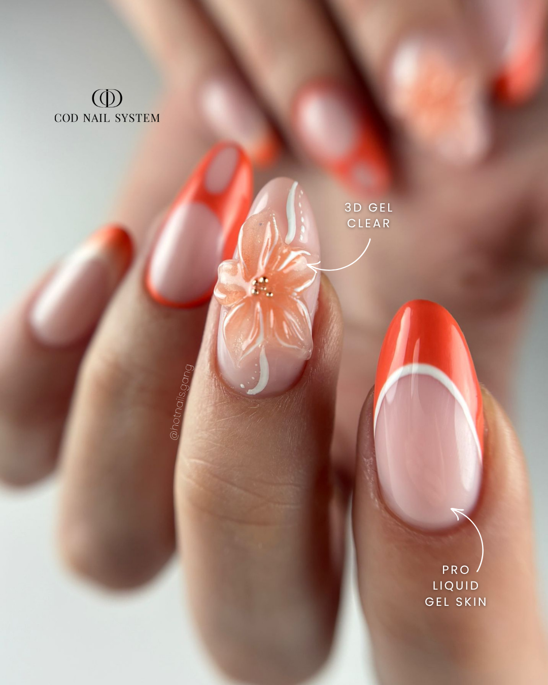 Ongles orange fleur 3D Pose d'ongle en amandes avec french orange et fleur 3D