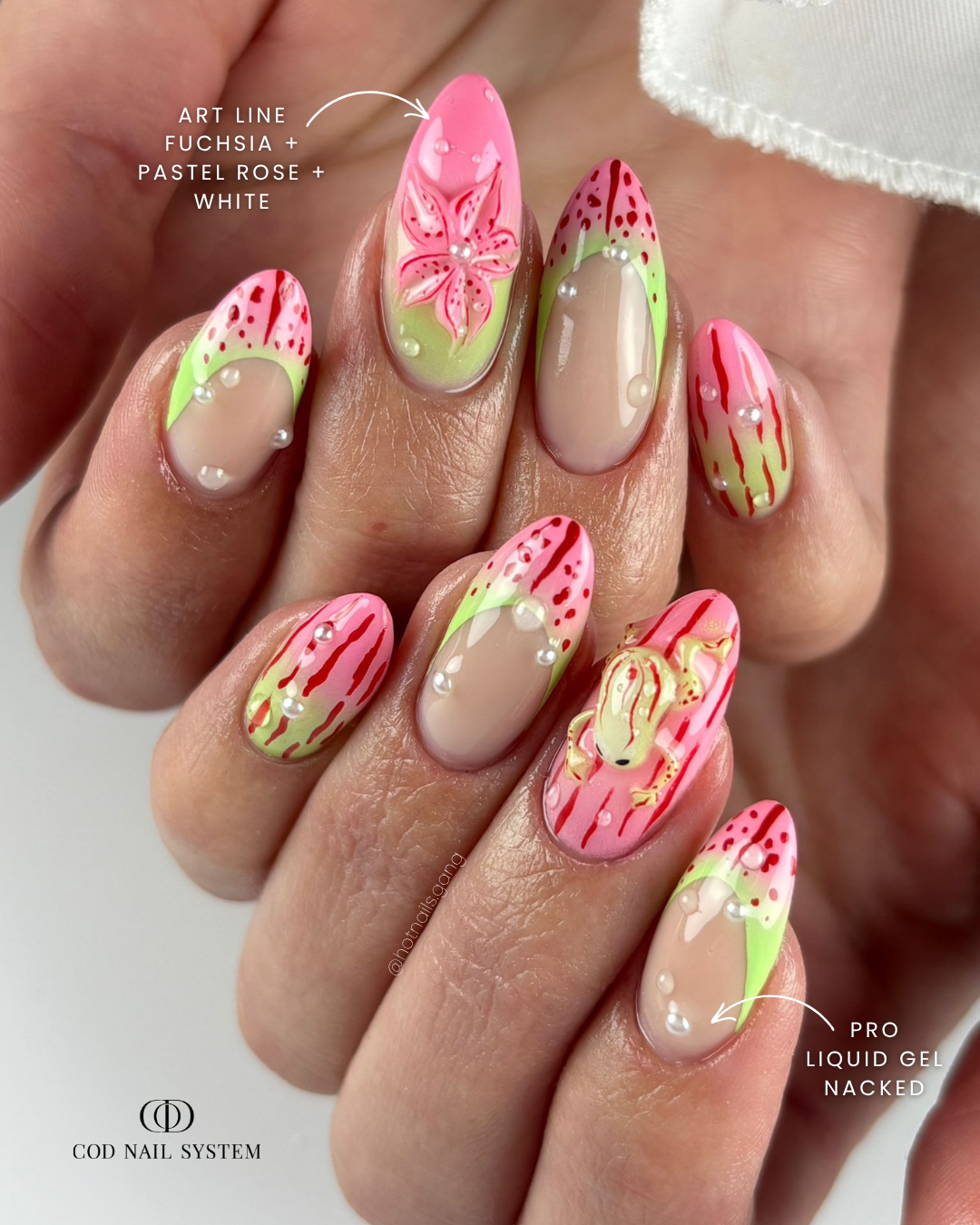 Ongles verts et roses 3D Pose d'ongles en amandes roses et verts avec nail art 3D grenouille et fleursa