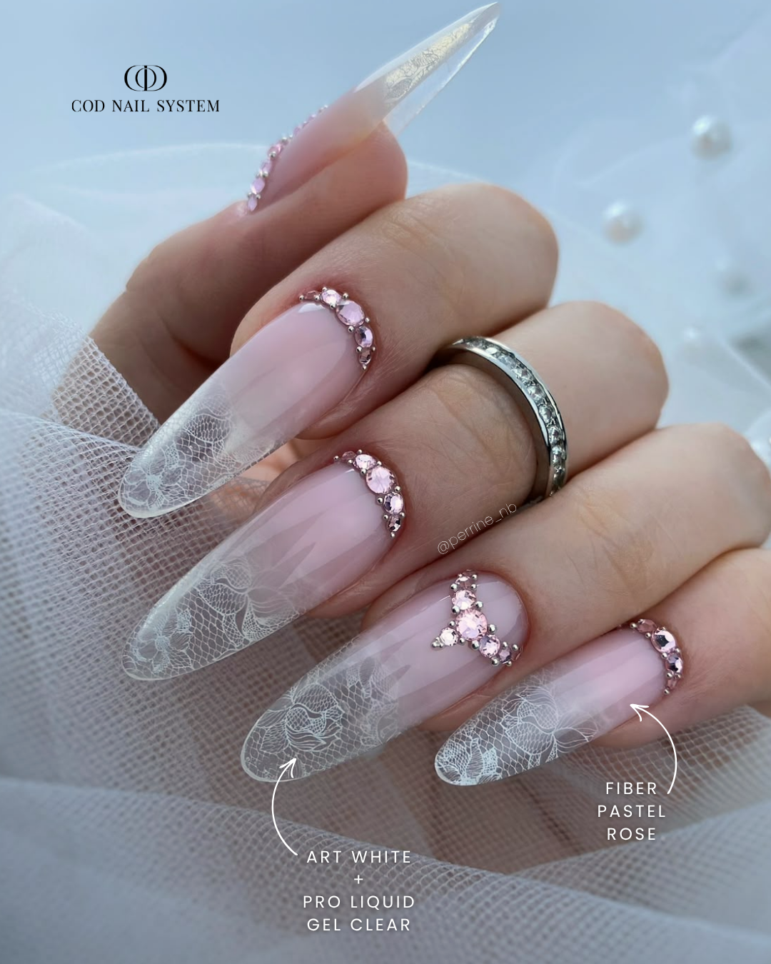 Ongles dentelle et strass Pose d'ongles en amandes avec babyboomer effet dentelle et bijoux strass