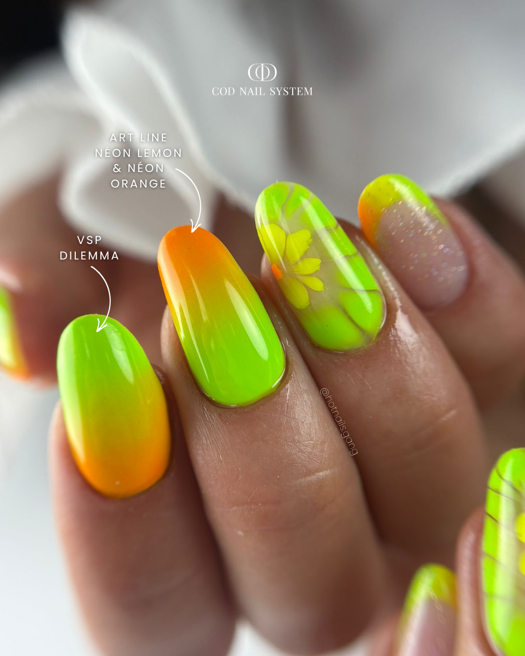 Ongles dégradés néon et blooming Pose d'ongles en amandes avec dégradés néon et nail art blooming