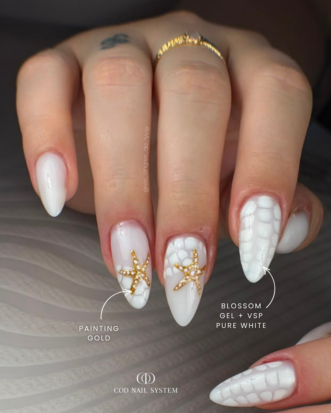 Ongles milky white et blooming Pose d'ongles en amandes milky white avec nail art blooming et étoiles de mer