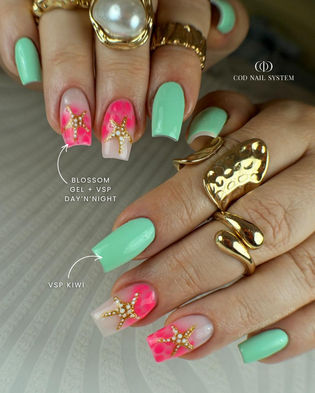 Ongles carréq vert et rose blooming Pose d'ongles carrés vert d'eau et rose néon avec nail art blooming et étoiles de mer