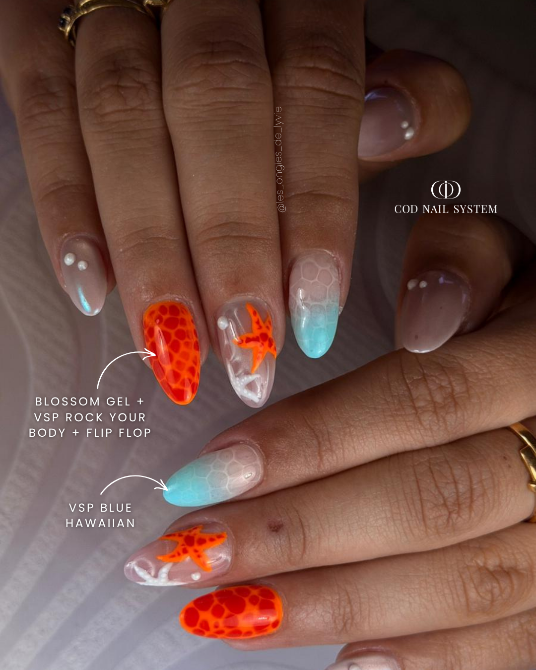 Ongles néons et bleus blooming Pose d'ongles en amandes avec nail art blooming néon et effet piscine