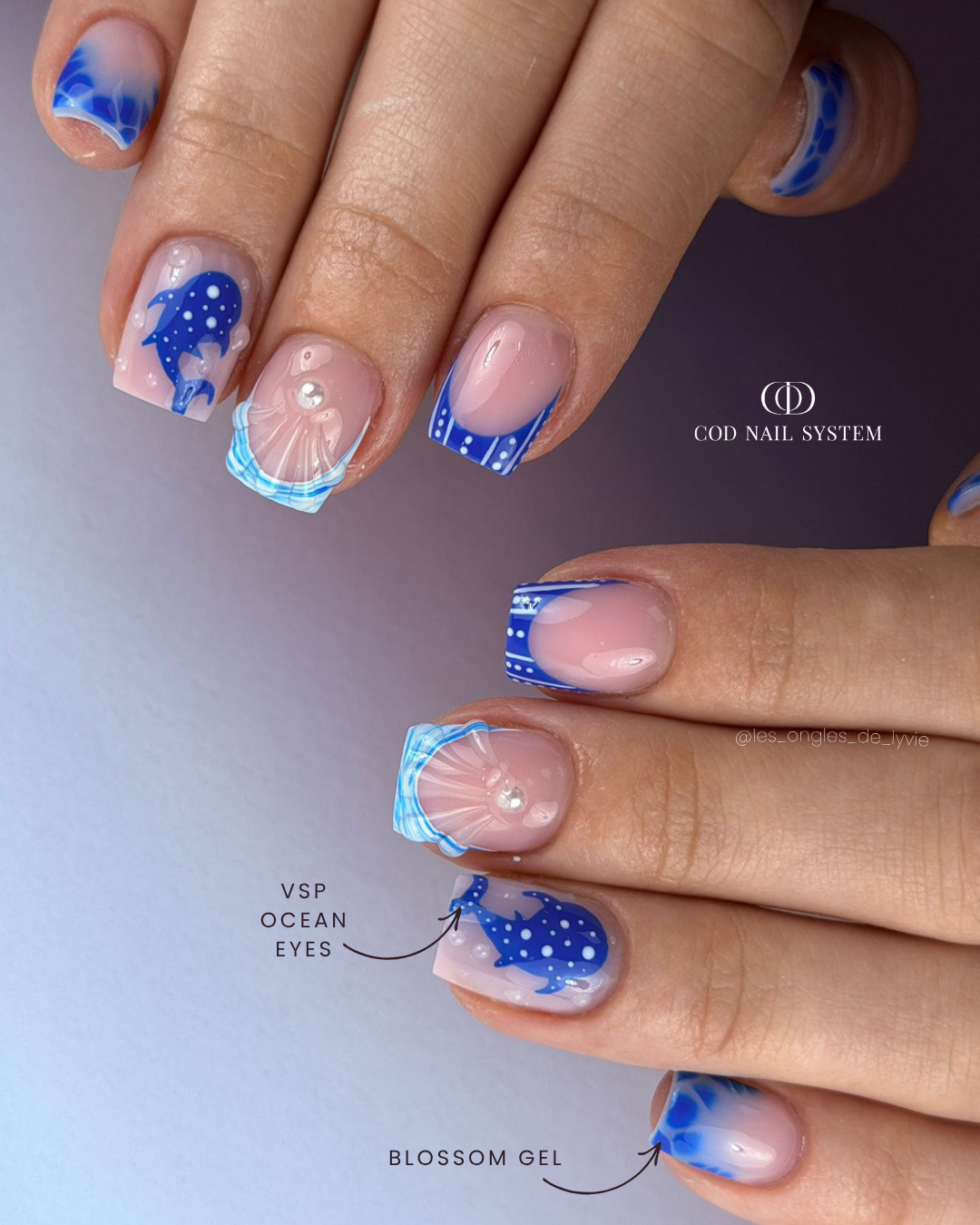 Ongles bleus nail art blooming Pose d'ongles carrés bleus avec nail art marin et blooming