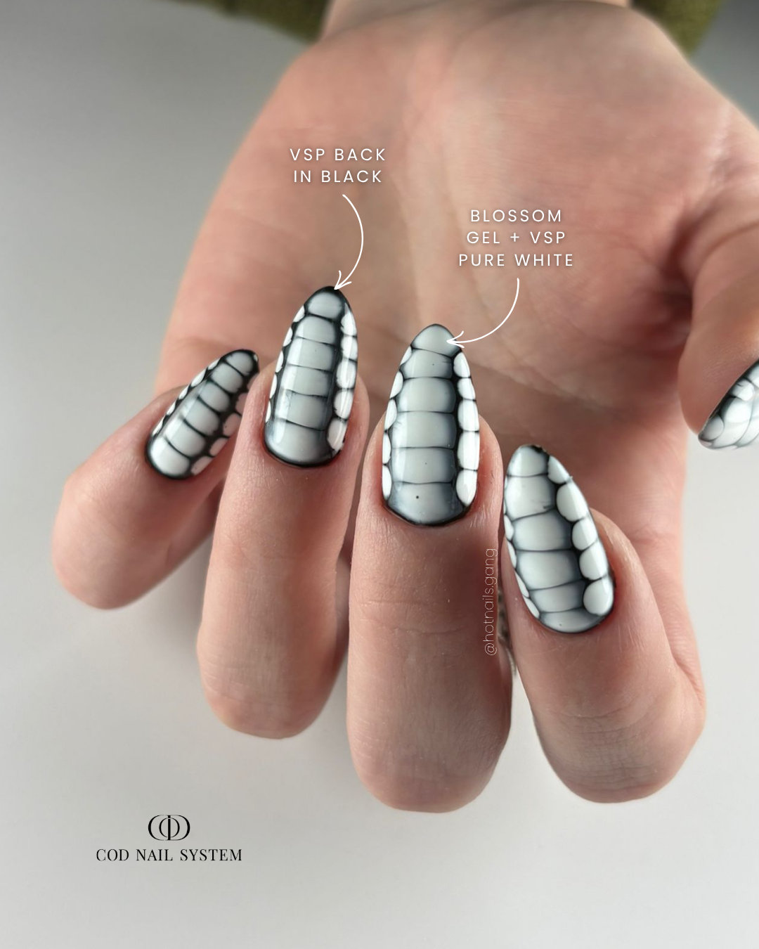 Ongles blooming blanc et noir Pose d'ongles en amandes noirs avec blooming blanc
