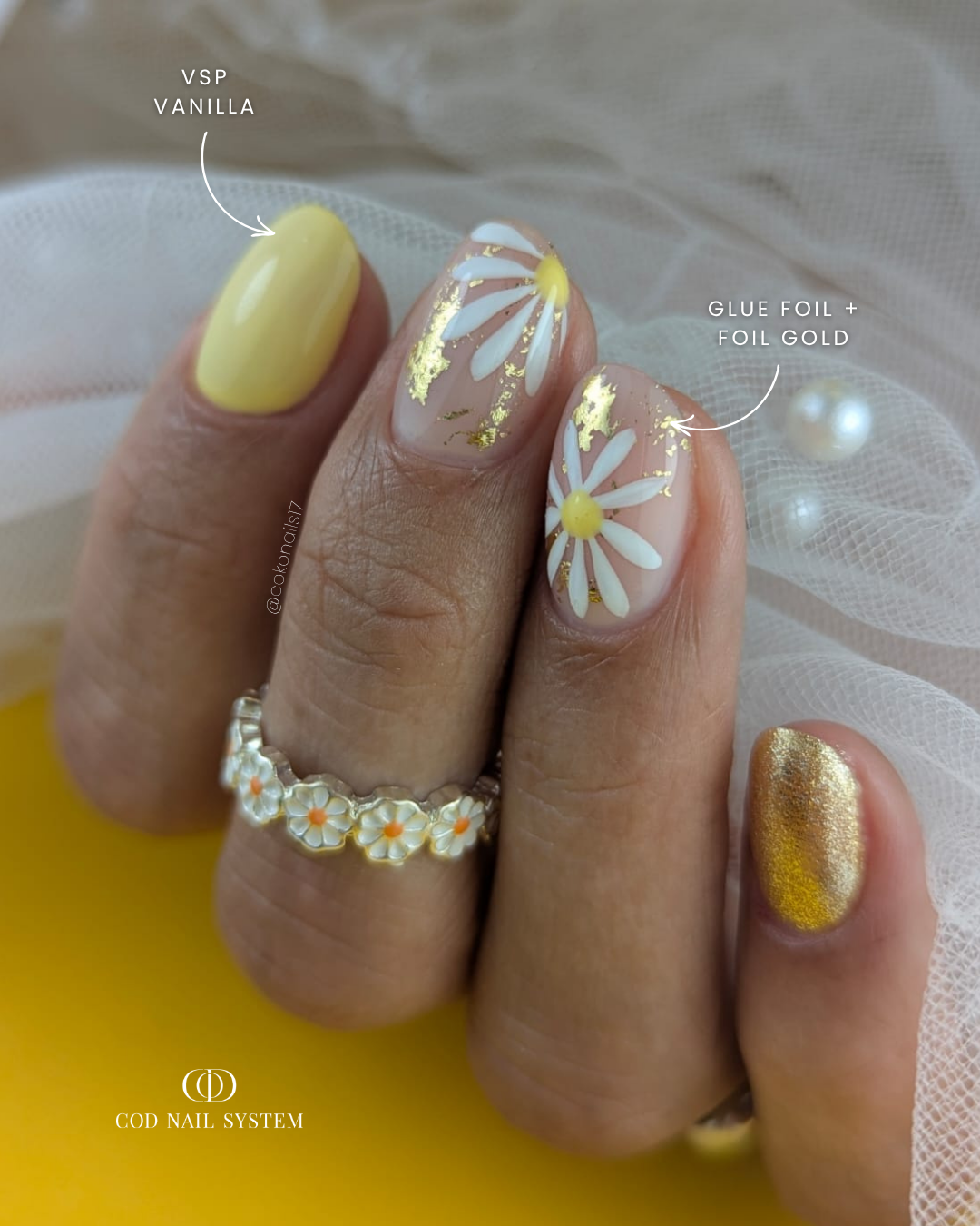 Ongles jaune, fleuris et foil gold Pose d'ongles jaune et dorés avec fleurs et foil gold
