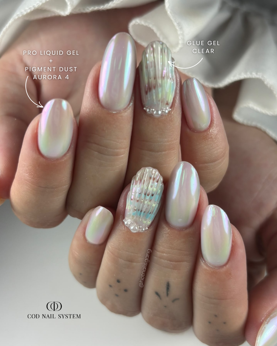 Ongles aurora et coquillage 3D Pose d'ongles en amandes avec pigment aurora et nail art coquillage 3D