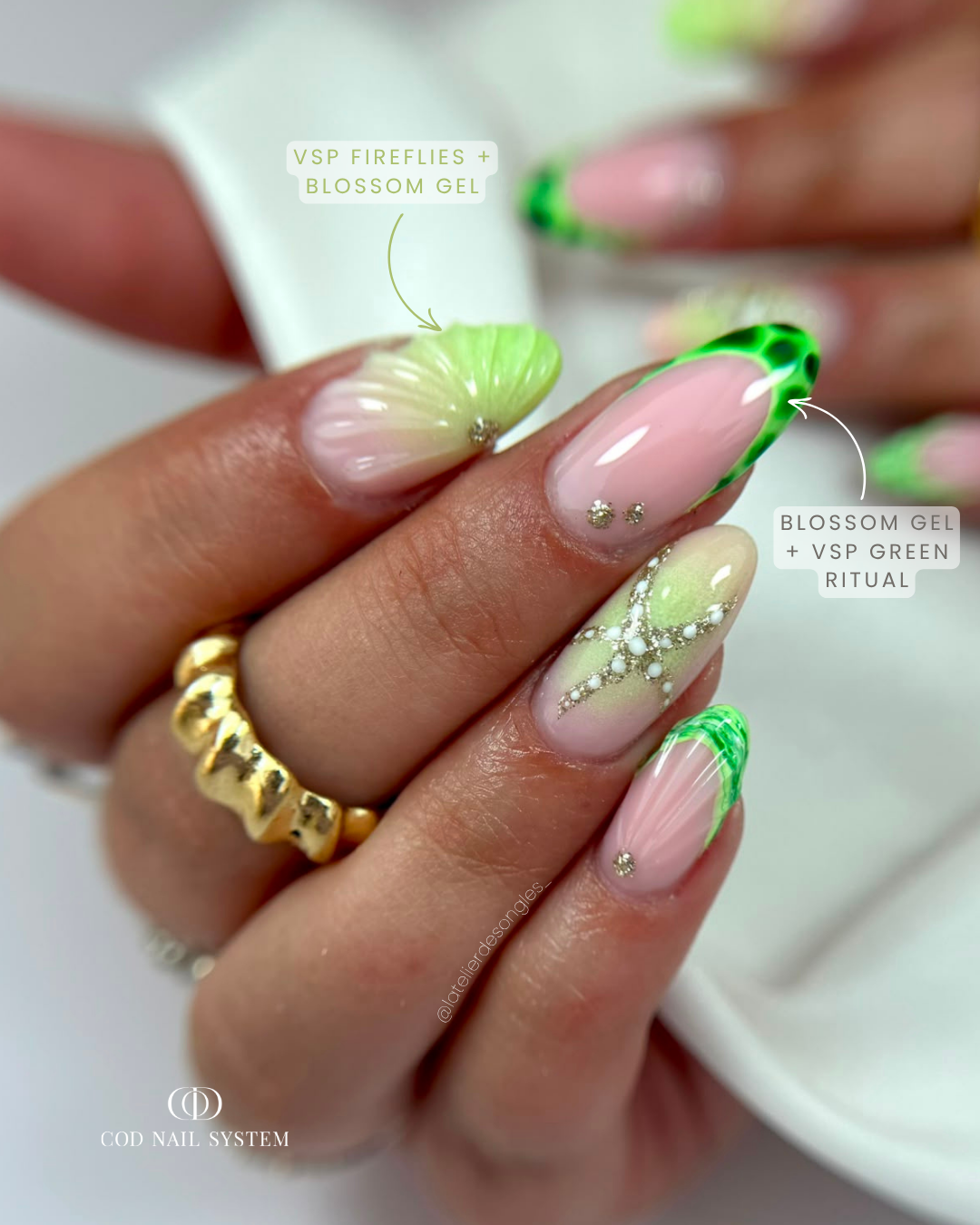 Ongles néon vert coquillage 3D Pose d'ongles en amandes néon vert avec nail art 3D et étoile de mer