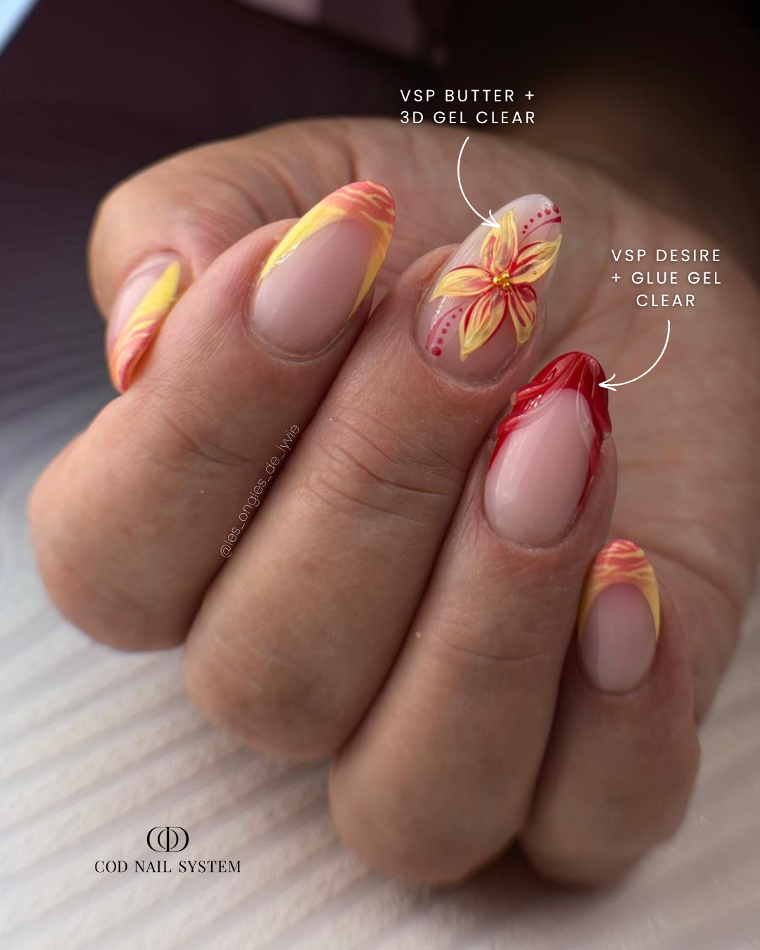Ongles french et fleur 3D Pose d'ongles en amandes rouge et jaune avec french et fleurs 3D