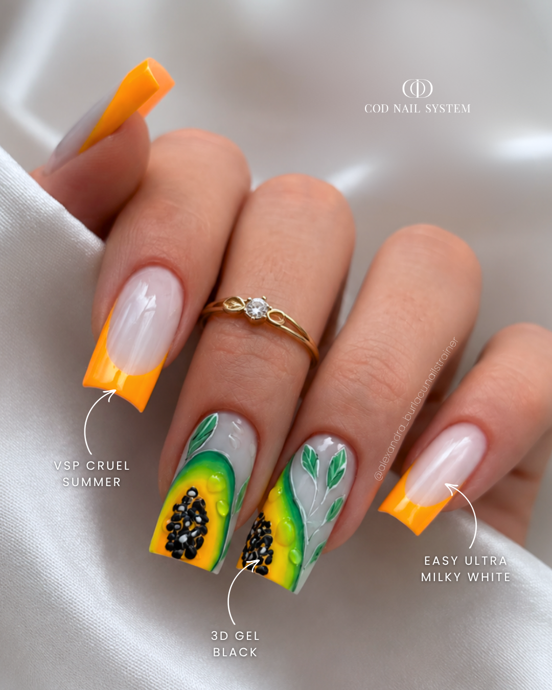 Ongles néon orange et papaye 3D Pose d'ongles carrés avec french néon orange et nail art papaye 3D