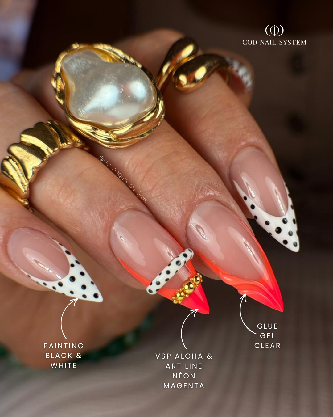Ongles néon corail, polka dots et 3D Pose d'ongle en stilettos néon corail avec nail art polka dots et bagues 3D