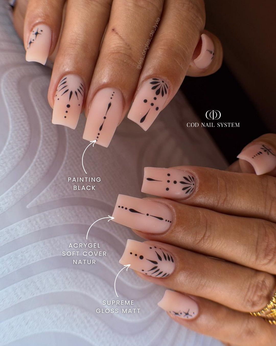Ongles matt avec nail art mandala Pose d'ongles carrés nude beige matt avec nail art mandala