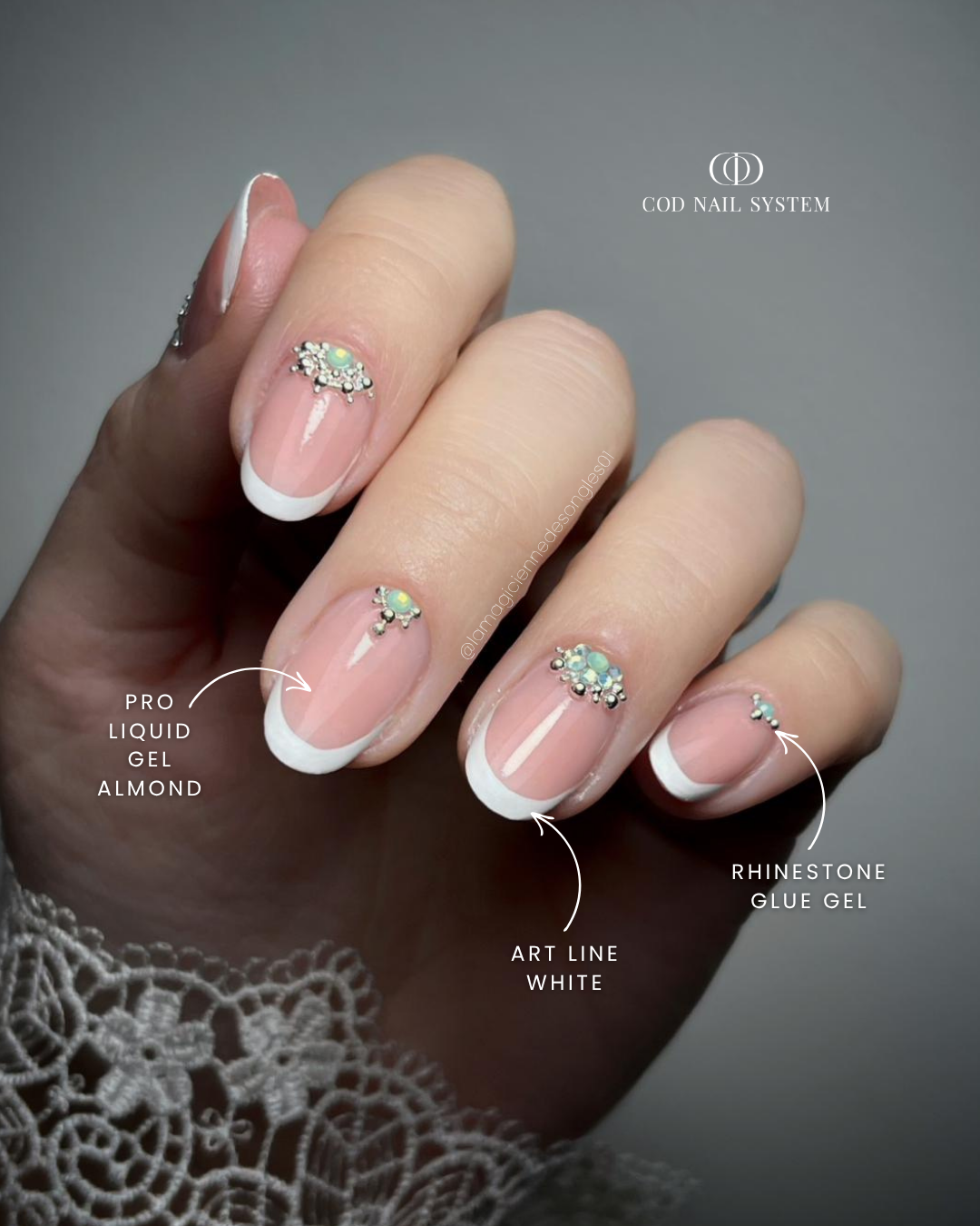 Ongles french et strass Pose d'ongles avec french blanches et bijoux d'ongles