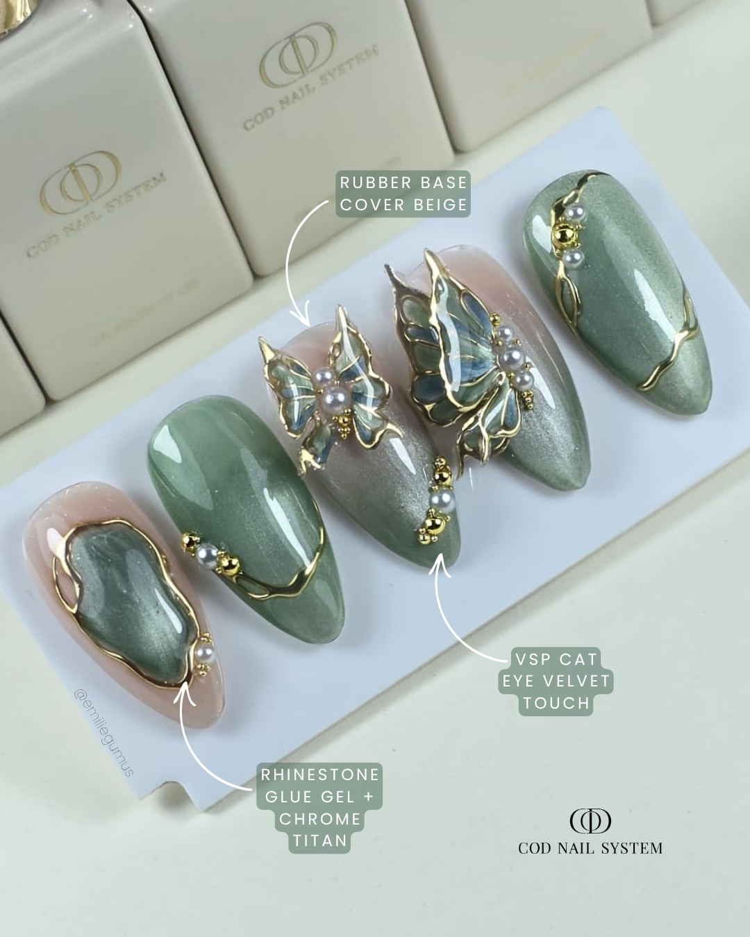 Capsules d'ongles cat eye vert avec strass et 3D Capsules d'ongles vert cat eye avec déco 3D et strass