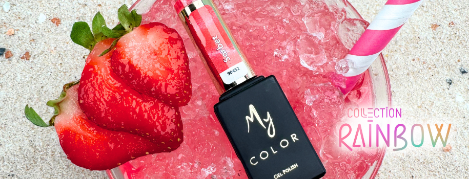 Vernis cat eye rose sur granité avec des fraises