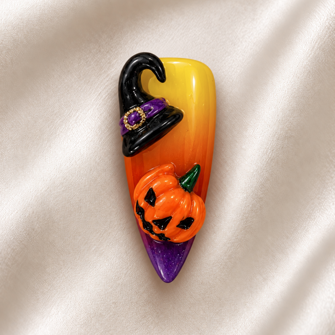 Capsules d'ongles avec nail art 3D citrouille et chapeau de sorcière