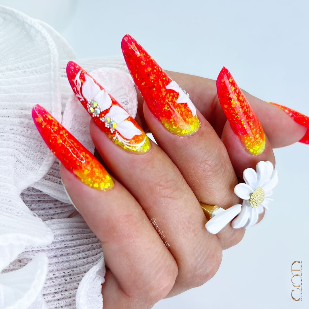 Pose d'ongles amandes avec shimmer neon en contouring et fleurs 3D