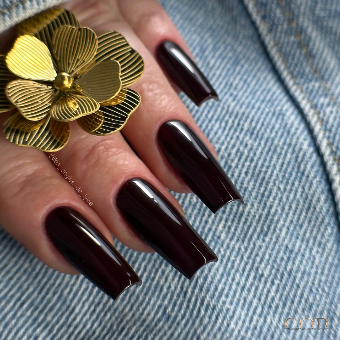 Pose d'ongles coffin longs marron bordeaux