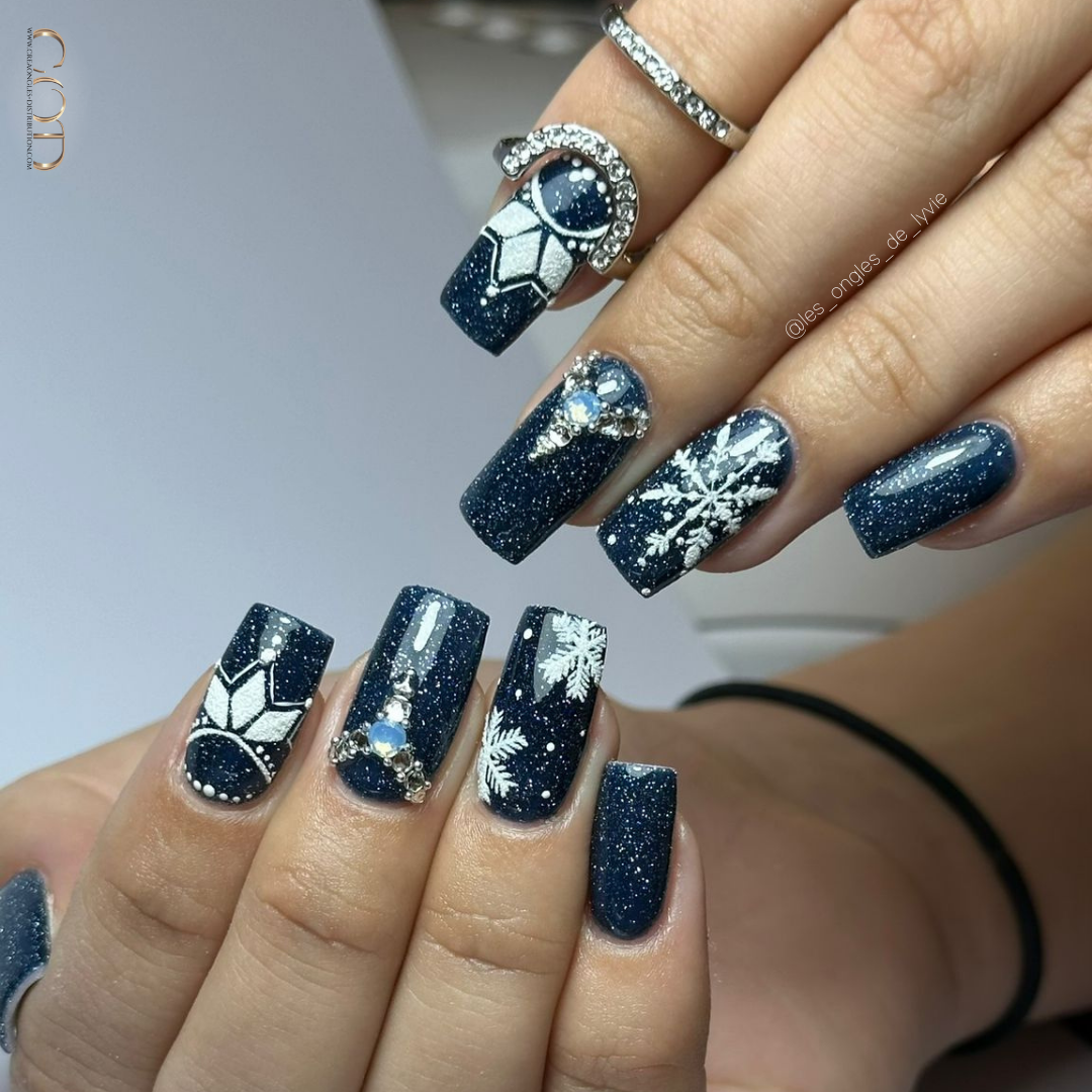 Pose carrée bleu nuit réflective flocons