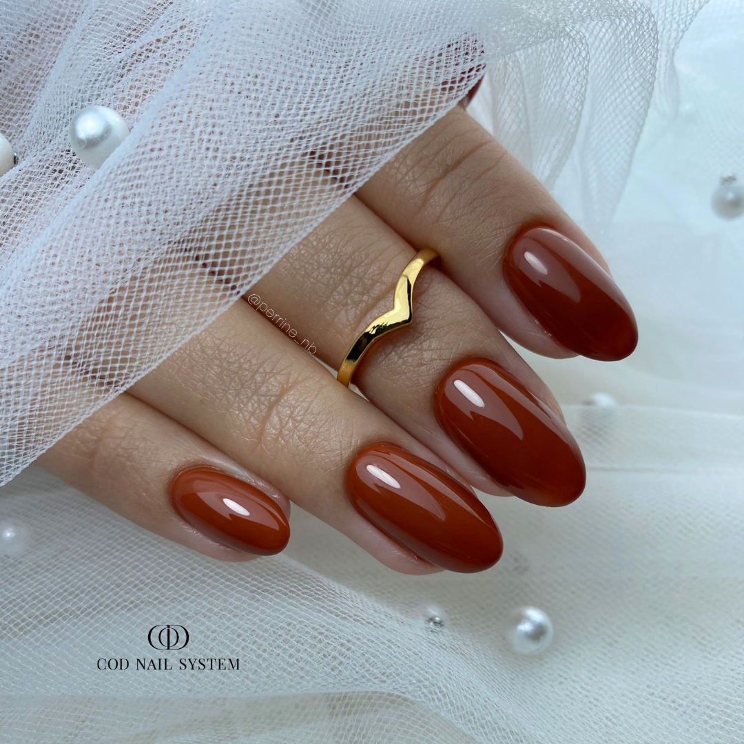 Ongles en amandes marron caramel Pose d'ongles marron caramel