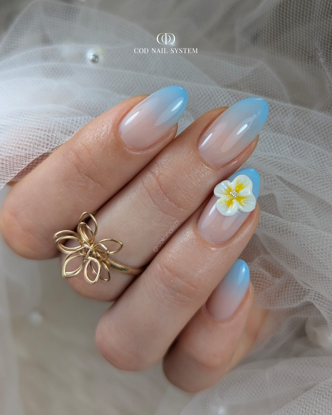 Pose d'ongles en amandes avec babycolor bleu pastel et fleurs 3D
