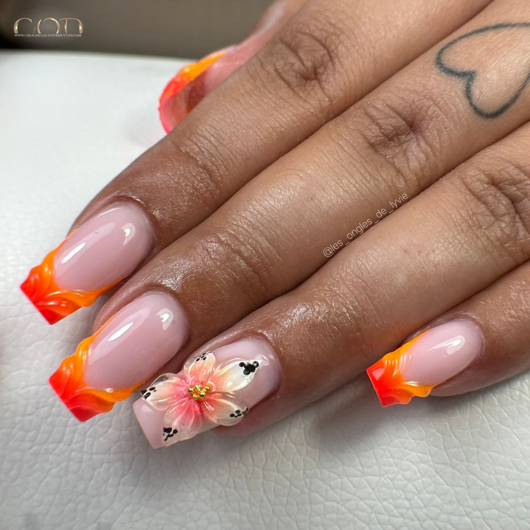 Pose d'ongles carrés avec french néon dégradé 3D et fleurs 3D